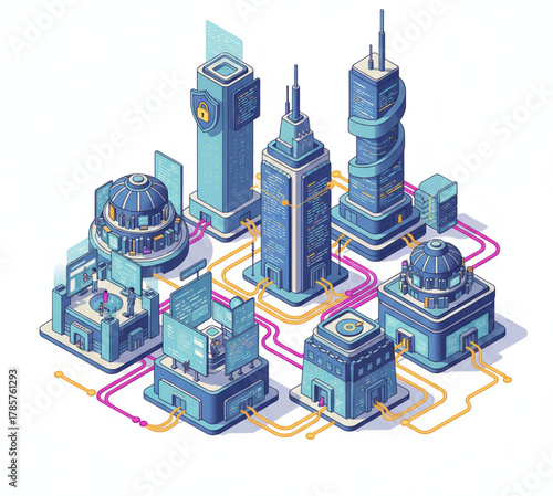 Futuristic urban landscape showcasing interconnected smart city infrastructure with data flow and advanced digital network technology illustrating a modern metropolitan data hub