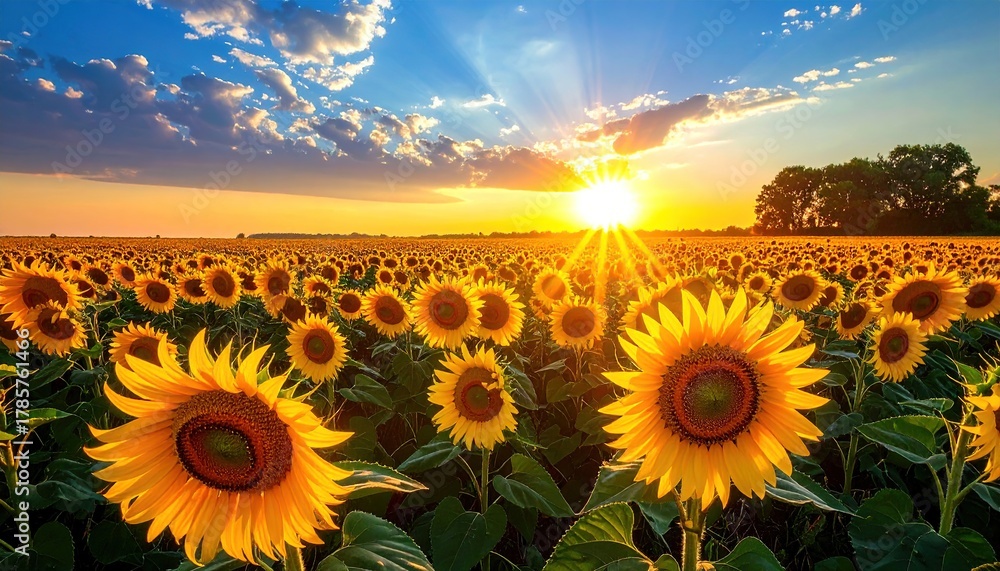 Fototapeta premium Sunflower Field at Sunset: A Golden Landscape of Beauty.