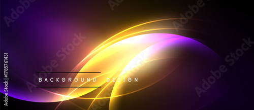 Abstract design features vibrant yellow, purple glows. Smooth curves create dynamic visual impact against dark backdrop. Modern, elegant.
