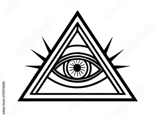 Blackwork tattoo flash. Eye of Providence. Masonic symbol. All seeing eye inside triangle pyramid. New World Order. Sacred geometry, religion, spirituality, occultism. Isolated vector illustration