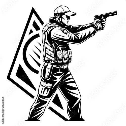 Vector Shooter Concept

Clean vector illustration of a focused man aiming a handgun, in full silhouette with tactical jacket and cap. Sharp black-and-white contrast, pure white background, modern grap