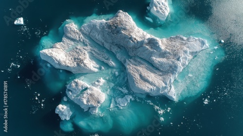 Majestic icebergs drift in clear turquoise arctic waters, seen from above.