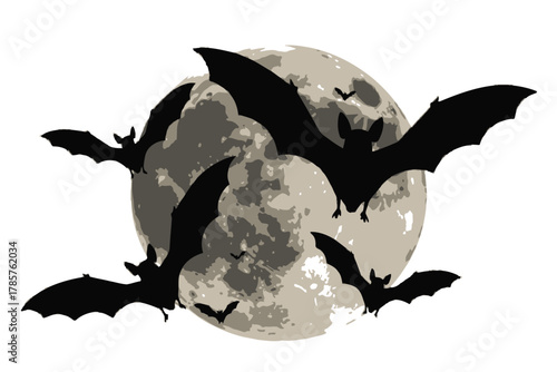 Silhouette of bats flying in front of a full moon spooky vector illustration for Halloween designs isolated on white background
