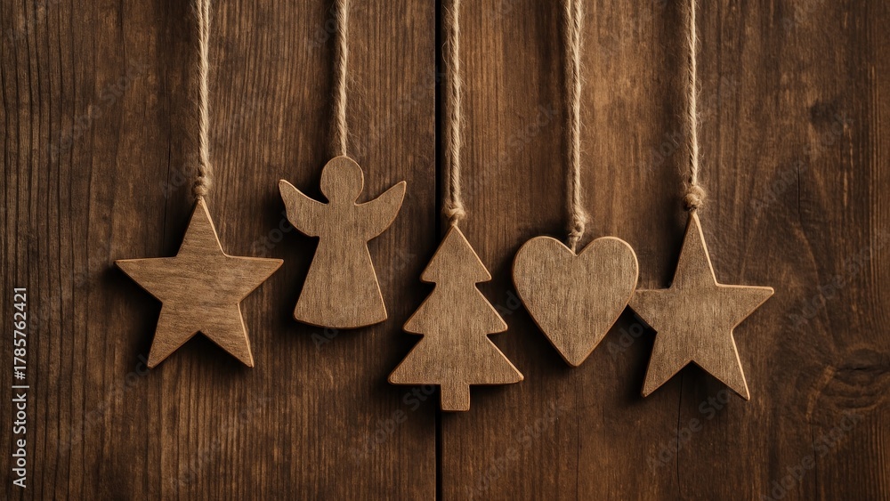 Fototapeta premium Rustic wooden holiday ornaments hanging desktop wallpaper