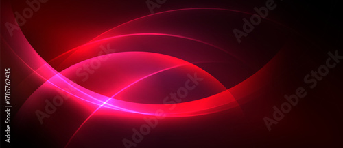 Abstract red design features curved lines, glowing effects. Dark background emphasizes vibrant shapes, creating dynamic visual impact.