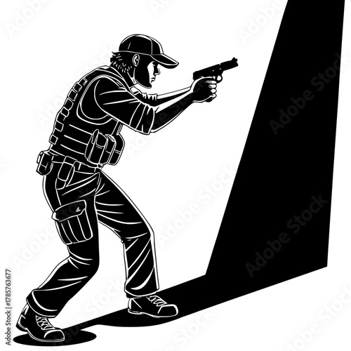 Monochrome Vigilante

Silhouette of a man in casual tactical attire aiming a pistol, black-on-white vector illustration. Strong shadows, defined contours, emotionless focus, dramatic lighting accentua