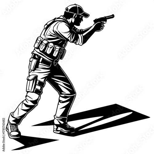 Monochrome Vigilante

Silhouette of a man in casual tactical attire aiming a pistol, black-on-white vector illustration. Strong shadows, defined contours, emotionless focus, dramatic lighting accentua