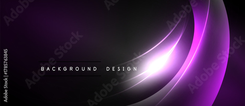 Dark purple background features flowing curves, bright highlights. Modern design elements create dynamic visual impact. Text reads background design.