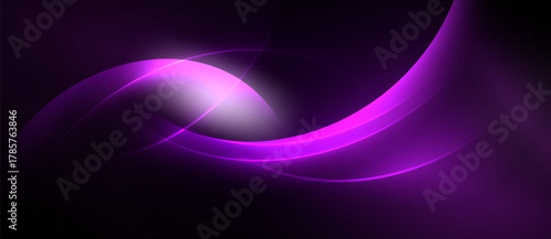 Abstract purple waves, glowing lines create dynamic composition. Dark background emphasizes bright curves, modern design element.