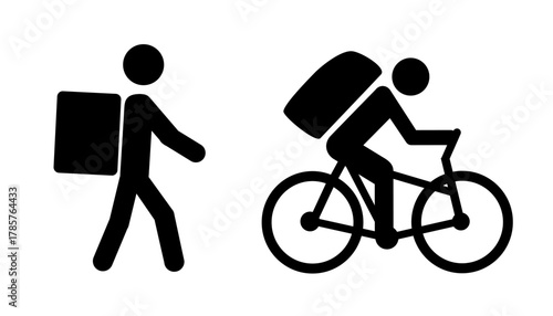 Delivery man icons, courier with bag on his back walks and drives a bicycle sign
