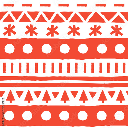 Winter Scandinavian Seamless Pattern. Nordic Hand drawn Christmas Geometric background with rustic abstract shapes, Fir Tree, snowflakes, stripes and dots. Vector illustration