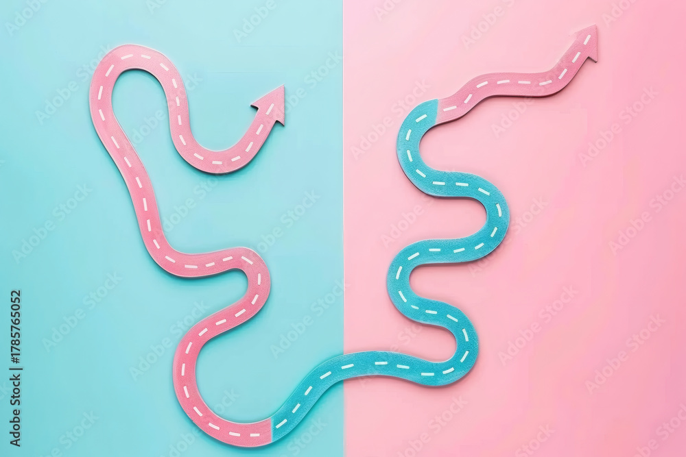 Fototapeta premium Separate pink blue paths merging concept
