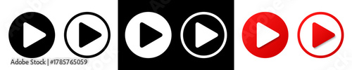 Player button set icons, red and black play button signs, video audio player navigate symbol