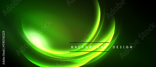 Abstract green neon light streaks over black background. Smooth curves create dynamic visual effect. Modern design element.