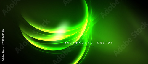 Bright green abstract lines form dynamic curves. Dark background emphasizes glowing effect, creating modern visual.
