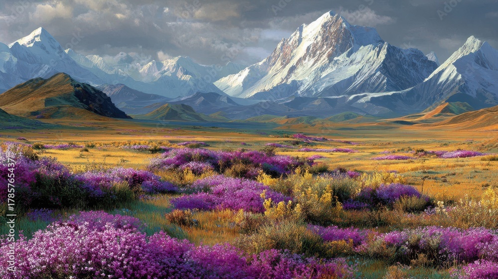 Fototapeta premium Colorful wildflowers bloom in a vast valley surrounded by majestic snow-capped mountains during a bright day