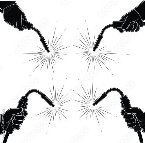 Welding art vector illustration mig welding torch welder hand sparks metal eps silhouette
