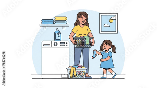 Mother and Daughter Doing Laundry Together at Home A Family Activity