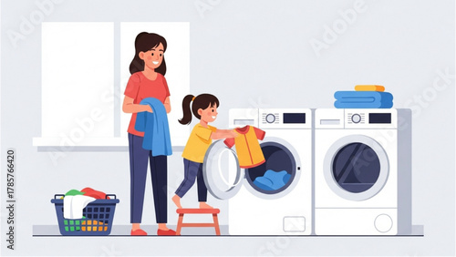 Mother and Daughter Doing Laundry Together in a Bright Room