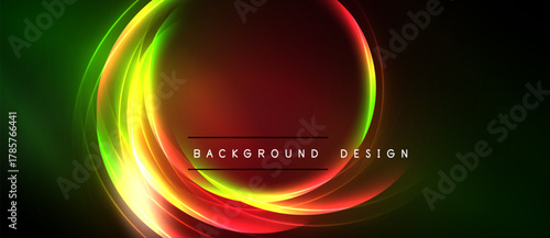 Vibrant neon circles overlap, creating dynamic red, green, yellow glow. Dark background emphasizes bright energy, modern design elements.