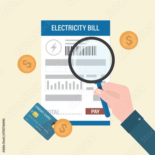High electricity bills. User hand looking at bill through magnifying glass. Electricity consumption analysis and monthly payment amount.