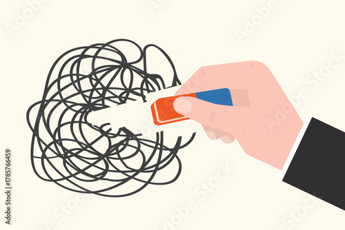 Big hand uses eraser and removes mental messy chaos. Overcoming psychological problems, positive thinking, stress resistance. Help from a psychiatrist.