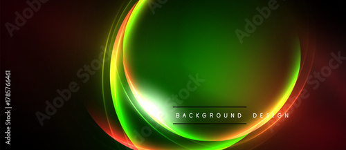 Abstract glowing lines form circular shape. Green dominates center, red accents edges. Dark background provides contrast. Modern design element.