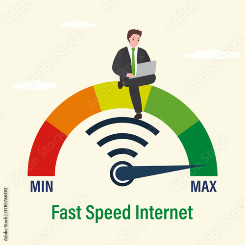 Fast internet connection speeds. Progress scale with arrow. Male user sitting with laptop on measuring scale. Free wifi hotspot zone, wireless connect.