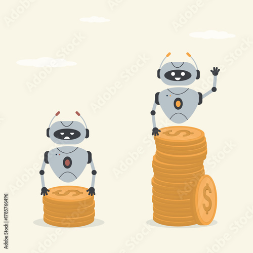 Successful robot standing on high coins tower, chat bot loser with low coins stack. Economic and technology inequality, rich and poor gap, unfairness income, different money.