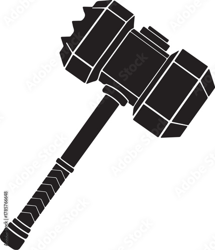 Stylized black silhouette of a war hammer with a faceted head and wrapped handle weapon medieval on transparent background