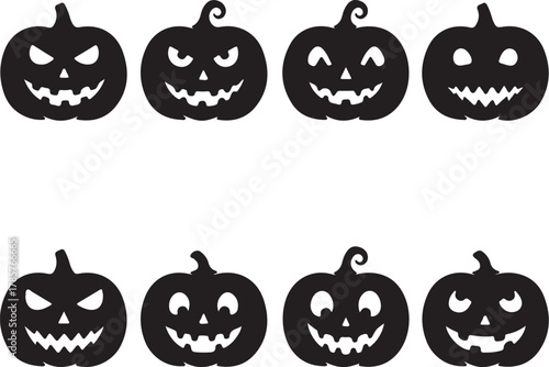 Eight black silhouette jack-o-lanterns with carved spooky faces on a white background Keywords: Halloween, jack-o-lantern, pumpkin, spooky, scary, face, carved, silhouette, on transparent background