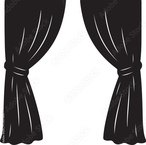 Black Silhouette of Two Draped Curtains Tied Back on White Background Keywords: curtains, drapes, window, fabric, textile, interior, decoration, home, house, room, elegant, on transparent background