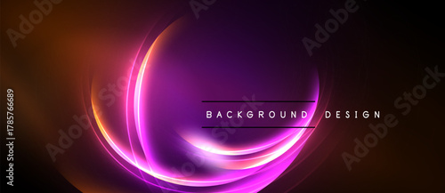 Abstract vibrant background. Swirling neon lights create dynamic visual effect. Purple, orange hues dominate composition. Modern design element.