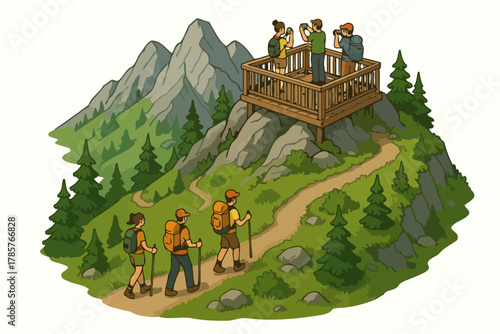 Group of young caucasian adult hikers enjoy mountain view from wooden lookout