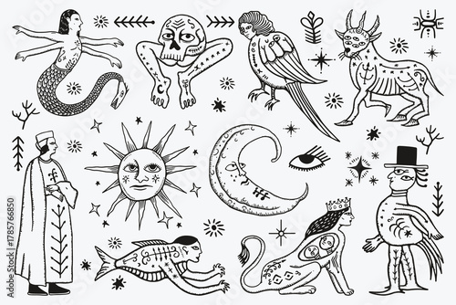 Imaginary Creature Vector Set, Mythical and Fantasy Folk Art Illustrations