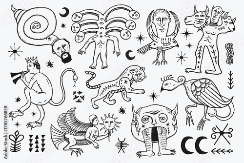 Imaginary Creature Vector Set, Mythical and Fantasy Folk Art Illustrations