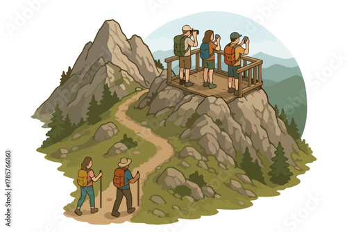 Hikers enjoying mountain views from scenic overlook platform