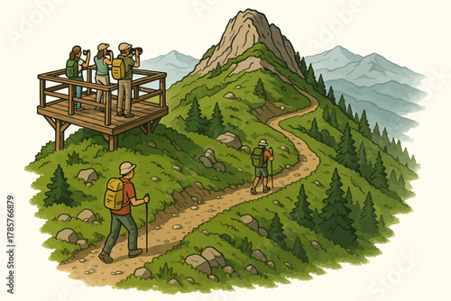 Hikers exploring scenic mountain trail with observation deck