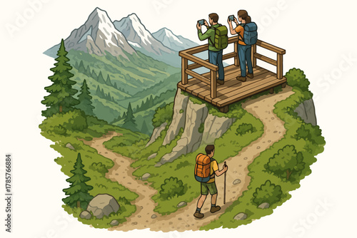 Hiking adventure: group enjoying mountain view from scenic lookout tower