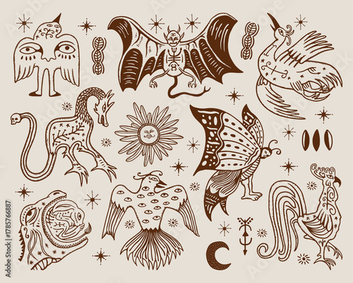 Imaginary Creature Vector Set, Mythical and Fantasy Folk Art Illustrations