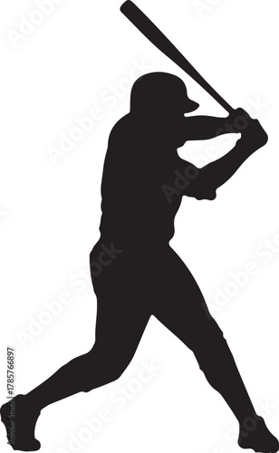 Black Silhouette of a Baseball Player Swinging a Bat on a White Background batter on transparent background