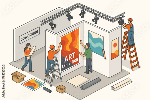 Team setting up art exhibition in coworking space with posters and lighting