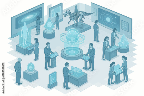 Futuristic science museum with interactive holographic exhibits and diverse visitors