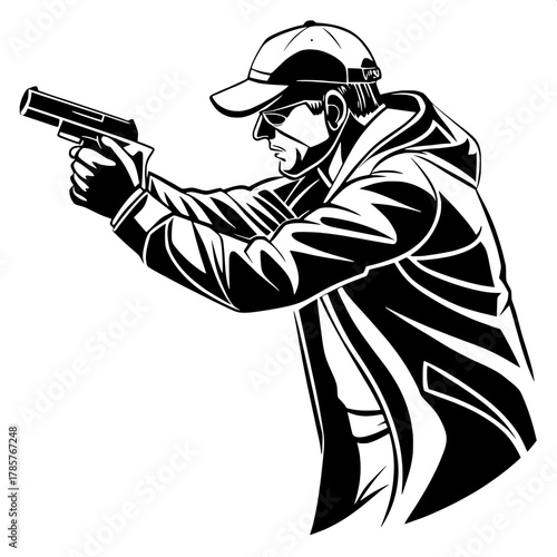 Minimalist Tactical Silhouette

Minimalist black-and-white vector art of a man aiming a handgun with both hands. Wearing a cap and jacket, partially obscured face. Clean, high-contrast composition on 