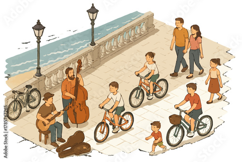 Family stroll and live music by the beach featuring bicycles and musicians