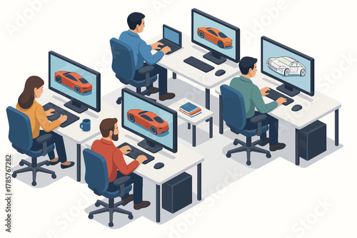 Group of diverse adults designing cars on computers in modern office setting
