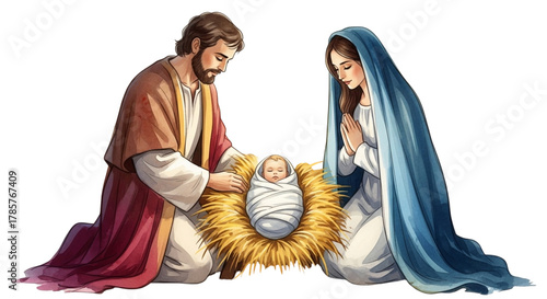 Nativity scene depicting baby jesus in a manger with mary and joseph, a holy and peaceful christmas depiction, isolated on transparent background