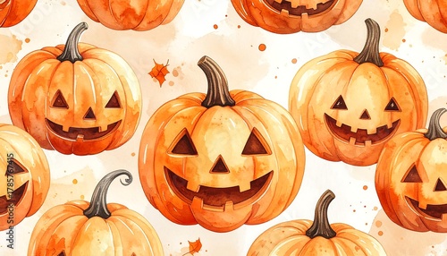 Watercolor pattern of grinning jack-o'-lanterns on a cloudy background, creating a festive, autumnal theme