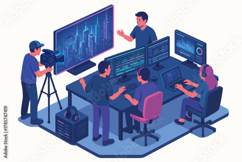 Team of diverse young adults collaborating on technology project in studio setting