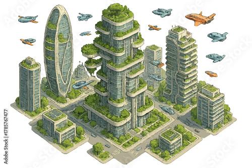 Futuristic urban cityscape with green architecture and flying vehicles